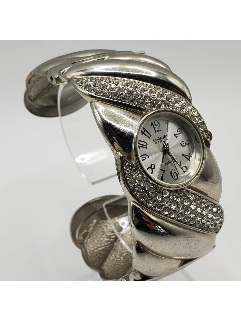 Embassy By Gruen Rhinestone Cuff Band Women Watch 29mm Silver Tone New Battery